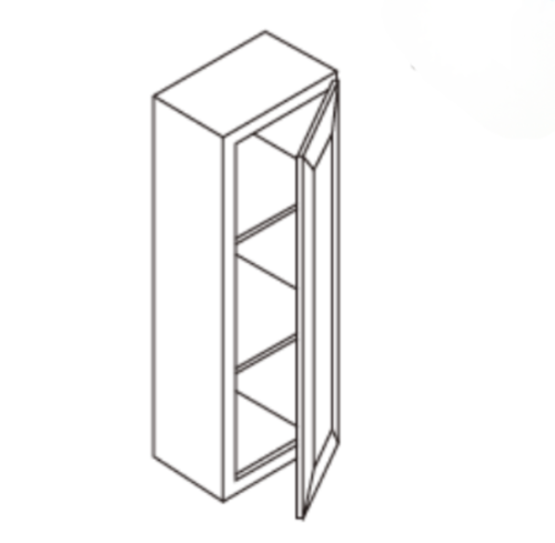 A tall, narrow cabinet with glass door and three shelves inside.